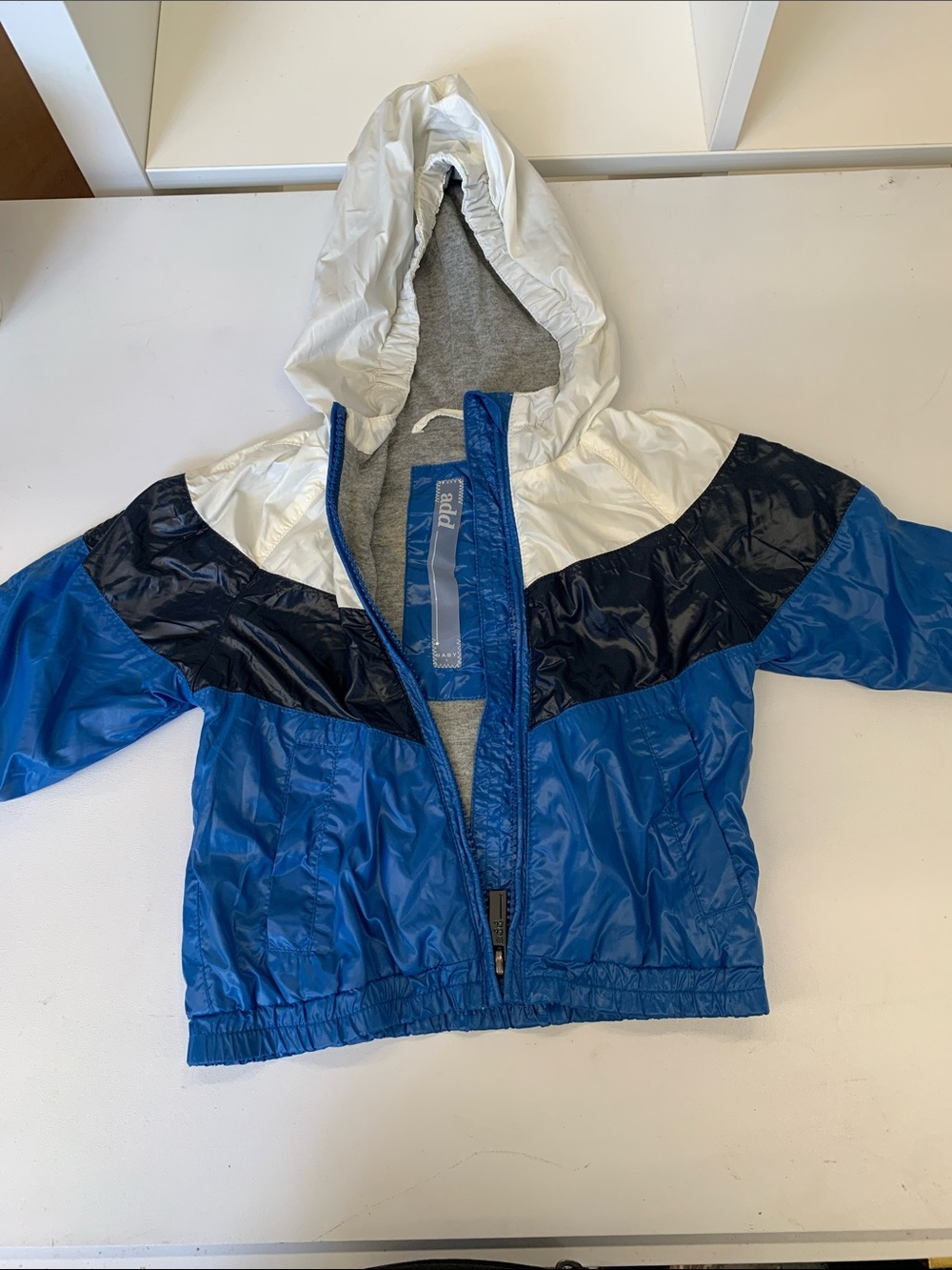 Kids Blue & White Hooded Colorblock Rain Jacket
